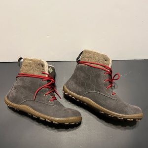 Columbia boots, size 8.5, gray/brown suede with tan accents, red laces.